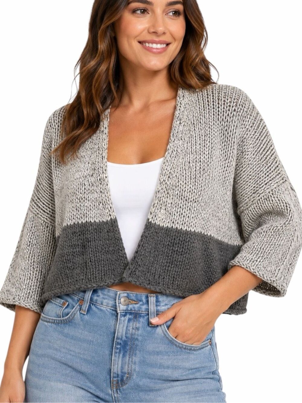 EILEEN FISHER Two-Tone Textured Knit Open Front Cardigan Gray Medium